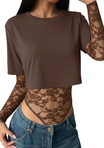 NRTHYE Women Lace Mesh Crop Top Sexy Long Sleeve Crew Neck Sheer Going Out T Shirts See Through Club Party Bodysuit Top in Kuwait