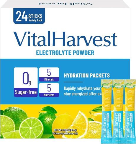 VitalHarvest 24 Sticks Electrolytes Powder Packets 7 Flavors Sugar Free Hydration Packets Liquid Daily IV Drink Mix, Low Sodium, Lemon Lime in Kuwait