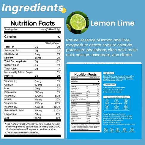 VitalHarvest 24 Sticks Electrolytes Powder Packets 7 Flavors Sugar Free Hydration Packets Liquid Daily IV Drink Mix, Low Sodium, Lemon Lime in Kuwait