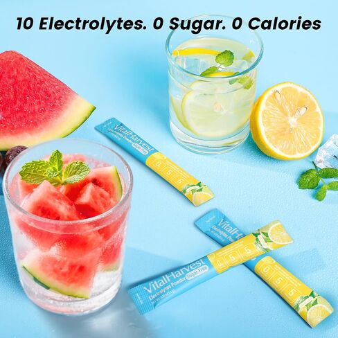 VitalHarvest 24 Sticks Electrolytes Powder Packets 7 Flavors Sugar Free Hydration Packets Liquid Daily IV Drink Mix, Low Sodium, Lemon Lime in Kuwait