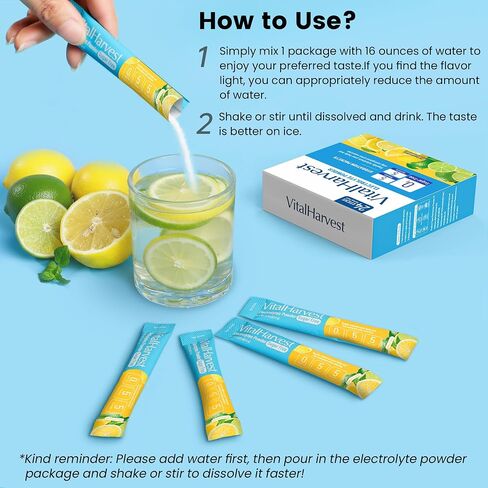 VitalHarvest 24 Sticks Electrolytes Powder Packets 7 Flavors Sugar Free Hydration Packets Liquid Daily IV Drink Mix, Low Sodium, Lemon Lime in Kuwait