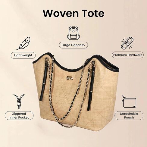 Eiyye Straw Tote Bag for Women Large Woven Beach Bag with Chain Strap & Inner Pouch Lightweight Summer Shoulder Handbag for Vacation Travel Daily Use in Saudi Arabia