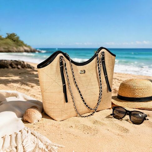 Eiyye Straw Tote Bag for Women Large Woven Beach Bag with Chain Strap & Inner Pouch Lightweight Summer Shoulder Handbag for Vacation Travel Daily Use in Saudi Arabia