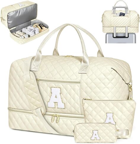 Graduation Birthday Gift for Her, Personalized Initial Weekender Bag for Women 45L Travel Duffle Carry On Quilted, 3PCS Overnight with Cosmetic & Toiletry Bag, Shoe Compartment, Gym Dance Bag for Girl in Saudi Arabia