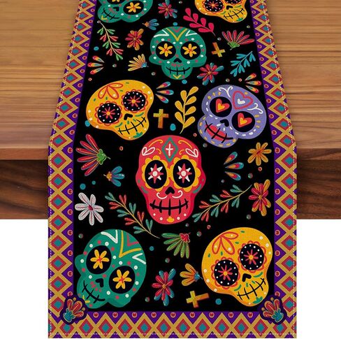 72 x 13 Inch Day of The Dead Table Runner - Colorful Sugar Skull and Floral Pattern Table Runner for Dia de Los Muertos, Holiday, Home, Kitchen, Mantel, Dining Table Decor, Mexican Party Supplies in Saudi Arabia