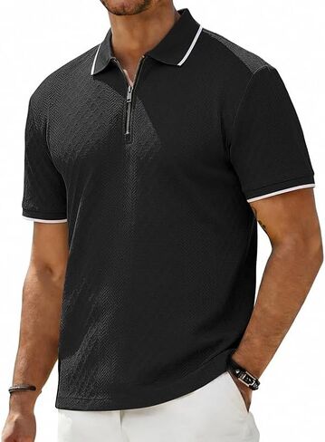 Men's Zipper Polo Shirt Casual Textured Knit Short Sleeve Polo T Shirt Summer Vacation Beach Golf Shirts in Saudi Arabia