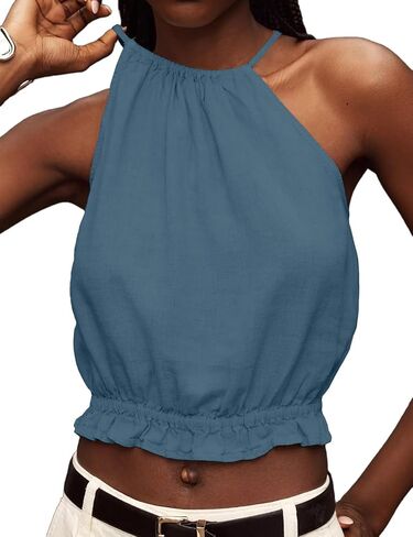 Halter Tops for Women Summer Linen Crop High Neck Tank Tops Casual Cute Sleeveless Shirt Beach Outfits in Saudi Arabia