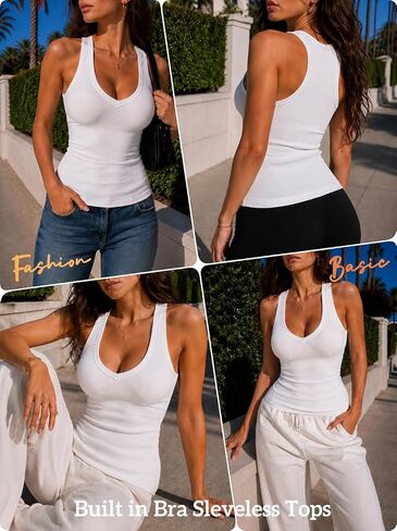 Danysu Built in Bra V Neck Tank Tops for Women Ribbed Knit Racerback No See Through Sleeveless Basic Tee Fitted Tops in Saudi Arabia