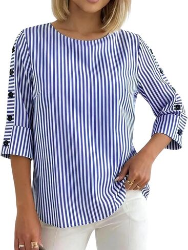 HVT Womens Striped Blouses 3/4 Sleeve Lightweight Casual Shirts Crew Neck Button Details Blouse for Daily Wear in Saudi Arabia
