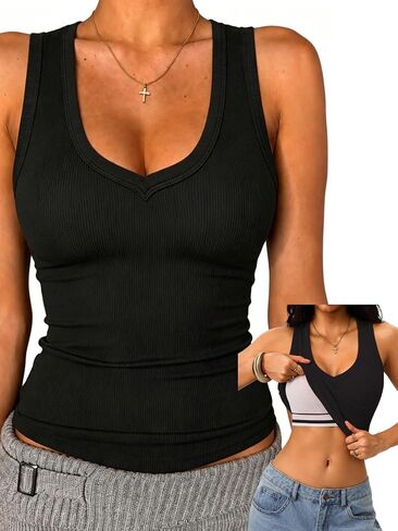 Danysu Built in Bra V Neck Tank Tops for Women Ribbed Knit Racerback No See Through Sleeveless Basic Tee Fitted Tops in Saudi Arabia