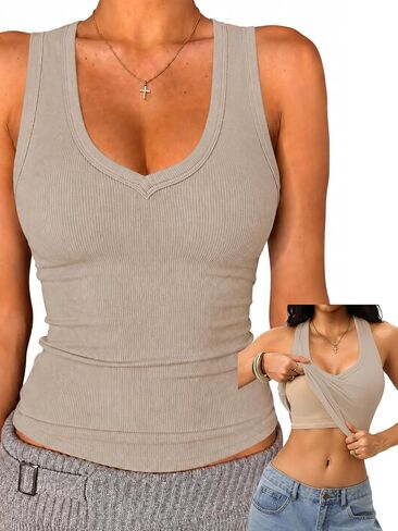 Danysu Built in Bra V Neck Tank Tops for Women Ribbed Knit Racerback No See Through Sleeveless Basic Tee Fitted Tops in Saudi Arabia