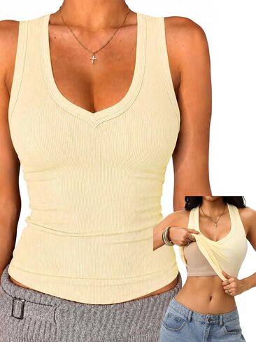 Danysu Built in Bra V Neck Tank Tops for Women Ribbed Knit Racerback No See Through Sleeveless Basic Tee Fitted Tops in Saudi Arabia