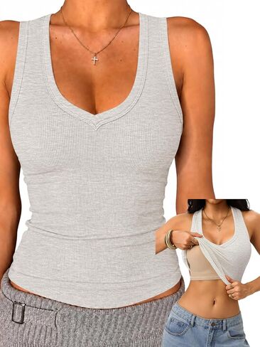 Danysu Built in Bra V Neck Tank Tops for Women Ribbed Knit Racerback No See Through Sleeveless Basic Tee Fitted Tops in Saudi Arabia