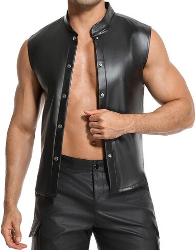 Mens Soft Matte Leather Tank Top Slim Fit Button Up Shirts Sleeveless Stand Collar Stretch Casual Vest Club in Kuwait