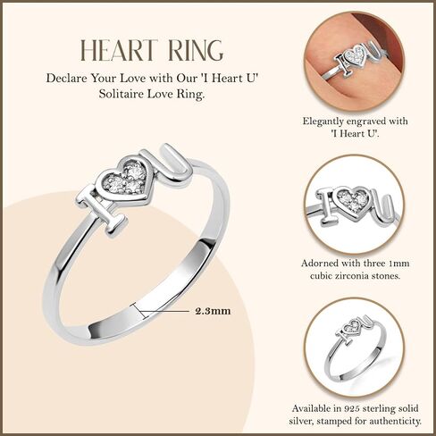 .925 Sterling Silver "I Heart U" Cubic Zirconia Solitaire Love Ring with Multiple Ring Size in Saudi Arabia
