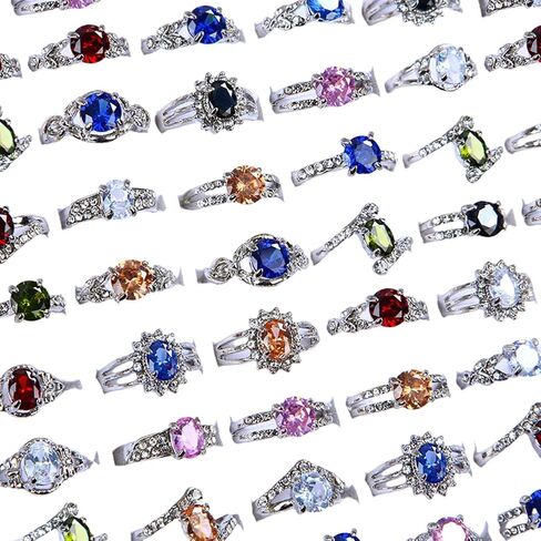 Wholesale Lot of 50/100 Colorful Zirconia Rhinestone Rings, Silver Tone, Assorted Gemstone Styles for Boutique Resale in Saudi Arabia