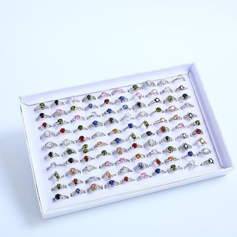 Wholesale Lot of 50/100 Colorful Zirconia Rhinestone Rings, Silver Tone, Assorted Gemstone Styles for Boutique Resale in Saudi Arabia