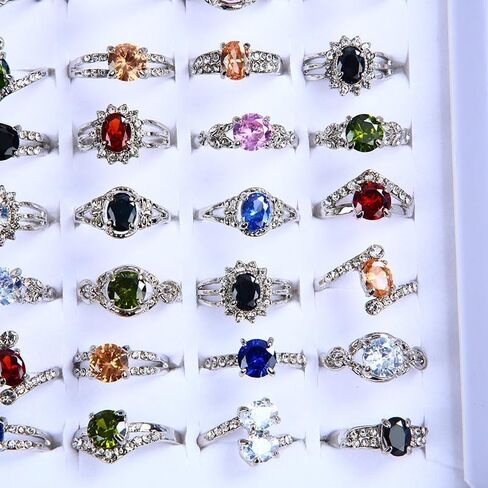 Wholesale Lot of 50/100 Colorful Zirconia Rhinestone Rings, Silver Tone, Assorted Gemstone Styles for Boutique Resale in Saudi Arabia