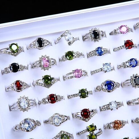 Wholesale Lot of 50/100 Colorful Zirconia Rhinestone Rings, Silver Tone, Assorted Gemstone Styles for Boutique Resale in Saudi Arabia