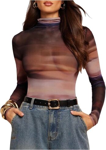 SweatyRocks Women's Tie Dye Sheer Mesh Bodysuit Turtle Neck Long Sleeve Going Out Leotard Tops in Kuwait