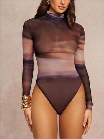 SweatyRocks Women's Tie Dye Sheer Mesh Bodysuit Turtle Neck Long Sleeve Going Out Leotard Tops in Kuwait