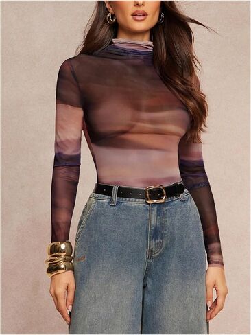 SweatyRocks Women's Tie Dye Sheer Mesh Bodysuit Turtle Neck Long Sleeve Going Out Leotard Tops in Kuwait