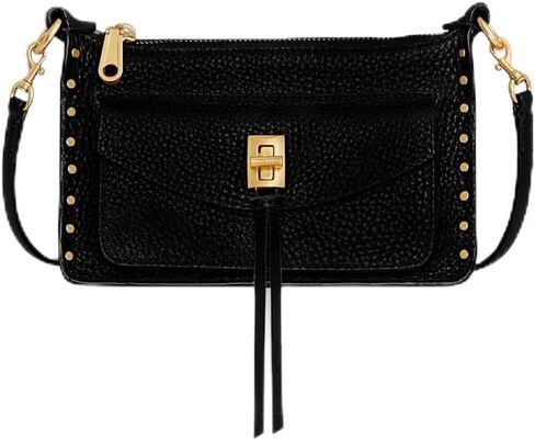 Rebecca Minkoff Darren Mini Top Zip Crossbody Bag for Women | Small Black Deerskin Leather Purse with Stud Detail | Detachable Strap and Zip Closure in Kuwait