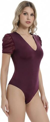 Women's Deep V Neck Bodysuit One-Piece Set, Short Sleeve Double-Layer Leotard for Dance, Yoga & Daily Wear in Kuwait