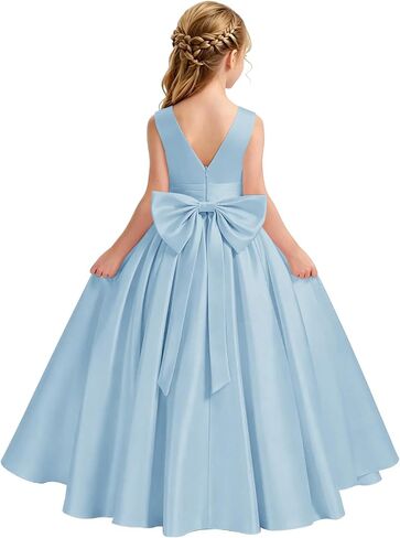 Satin Flower Girl Dress for Wedding Kids Elegant A-Line Big Bowknot Princess Pageant Prom Party Long Ball Gowns in Saudi Arabia
