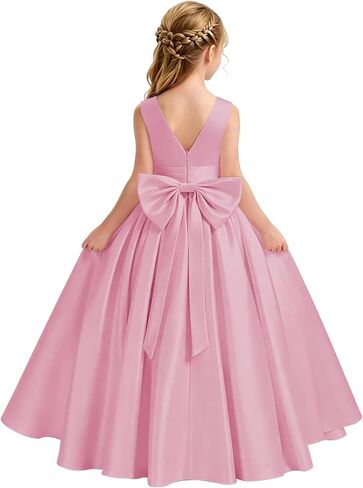 Satin Flower Girl Dress for Wedding Kids Elegant A-Line Big Bowknot Princess Pageant Prom Party Long Ball Gowns in Saudi Arabia