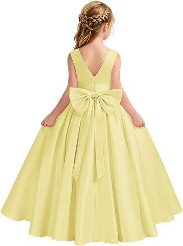 Satin Flower Girl Dress for Wedding Kids Elegant A-Line Big Bowknot Princess Pageant Prom Party Long Ball Gowns in Saudi Arabia
