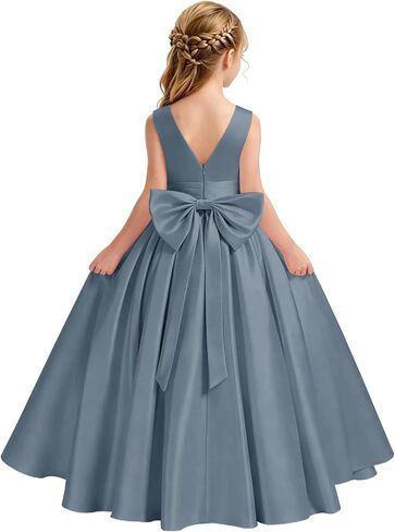 Satin Flower Girl Dress for Wedding Kids Elegant A-Line Big Bowknot Princess Pageant Prom Party Long Ball Gowns in Saudi Arabia