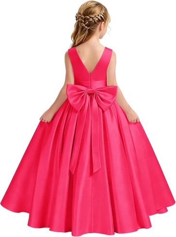 Satin Flower Girl Dress for Wedding Kids Elegant A-Line Big Bowknot Princess Pageant Prom Party Long Ball Gowns in Saudi Arabia
