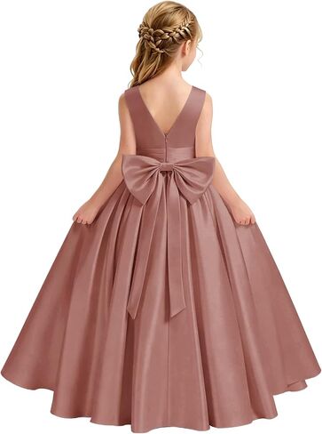 Satin Flower Girl Dress for Wedding Kids Elegant A-Line Big Bowknot Princess Pageant Prom Party Long Ball Gowns in Saudi Arabia
