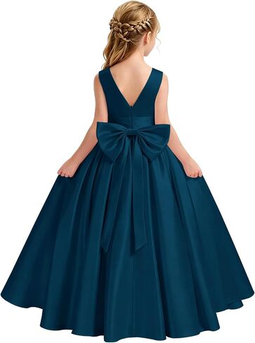 Satin Flower Girl Dress for Wedding Kids Elegant A-Line Big Bowknot Princess Pageant Prom Party Long Ball Gowns in Saudi Arabia