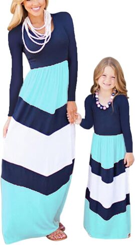 Mommy and Me Sleeveless Maxi Dress Chevron Stripe Crew Neck Dress Boho Summer Maxi Dress in Saudi Arabia