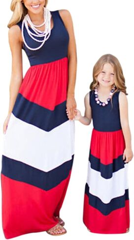 Mommy and Me Sleeveless Maxi Dress Chevron Stripe Crew Neck Dress Boho Summer Maxi Dress in Saudi Arabia