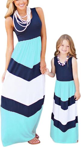 Mommy and Me Sleeveless Maxi Dress Chevron Stripe Crew Neck Dress Boho Summer Maxi Dress in Saudi Arabia
