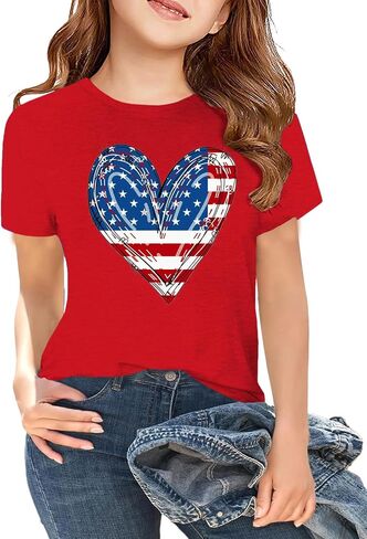 Kids 4th of July Shirts American Flag Patriotic Top with Bow Boys Girls Independence Day Tshirt 5-14 Years in Saudi Arabia