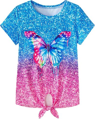 Funnycokid Girls Shirts Kids Short Sleeve Tee Shirt Tie Front Tops 7-12 Years in Saudi Arabia