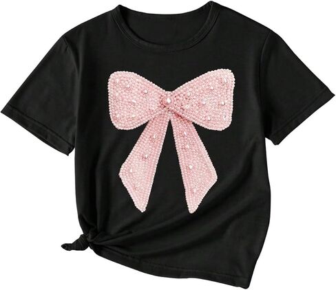 SHENHE Girl's Pearl Bow Graphic Tees Cute Short Sleeve Casual T Shirts Summer Crew Neck Tops in Kuwait