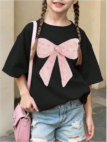 SHENHE Girl's Pearl Bow Graphic Tees Cute Short Sleeve Casual T Shirts Summer Crew Neck Tops in Kuwait
