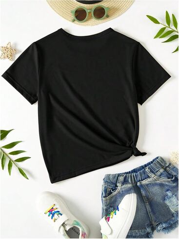SHENHE Girl's Pearl Bow Graphic Tees Cute Short Sleeve Casual T Shirts Summer Crew Neck Tops in Kuwait