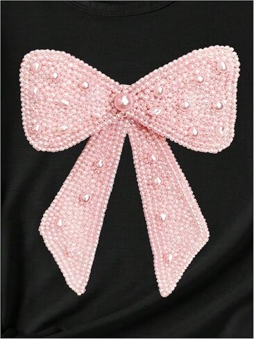 SHENHE Girl's Pearl Bow Graphic Tees Cute Short Sleeve Casual T Shirts Summer Crew Neck Tops in Kuwait