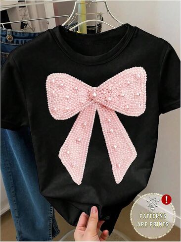 SHENHE Girl's Pearl Bow Graphic Tees Cute Short Sleeve Casual T Shirts Summer Crew Neck Tops in Kuwait