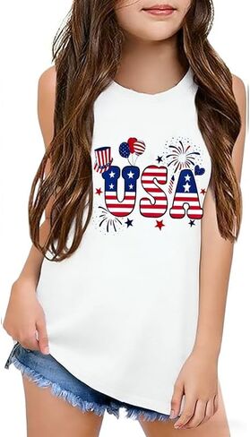 YHHR قميص العلم الأمريكي للفتيات يوم الاستقلال جرافيك تانك توب USA Bow Tee للأطفال قميص وطني للفتيات in Kuwait