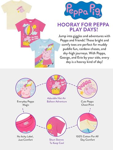 تي شيرت للفتيات من Peppa Pig، مجموعة مكونة من 3 قمصان للأطفال، ملابس صيفية للفتيات من Peppa وGeorge & Evie in Kuwait