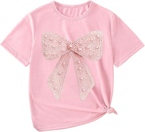 SHENHE Girl's Pearl Bow Graphic Tees Cute Short Sleeve Casual T Shirts Summer Crew Neck Tops in Kuwait