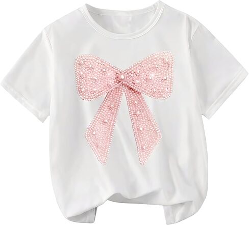 SHENHE Girl's Pearl Bow Graphic Tees Cute Short Sleeve Casual T Shirts Summer Crew Neck Tops in Kuwait
