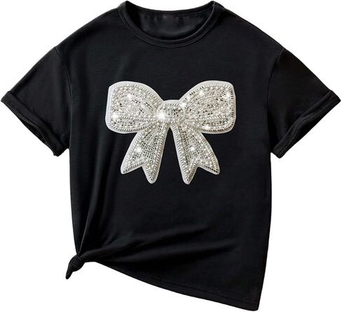 SHENHE Girl's Pearl Bow Graphic Tees Cute Short Sleeve Casual T Shirts Summer Crew Neck Tops in Kuwait